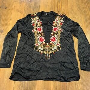 Johnny Was Workshop Anacapri Relaxed Trapunto Blouse Black Small Boho L/S
